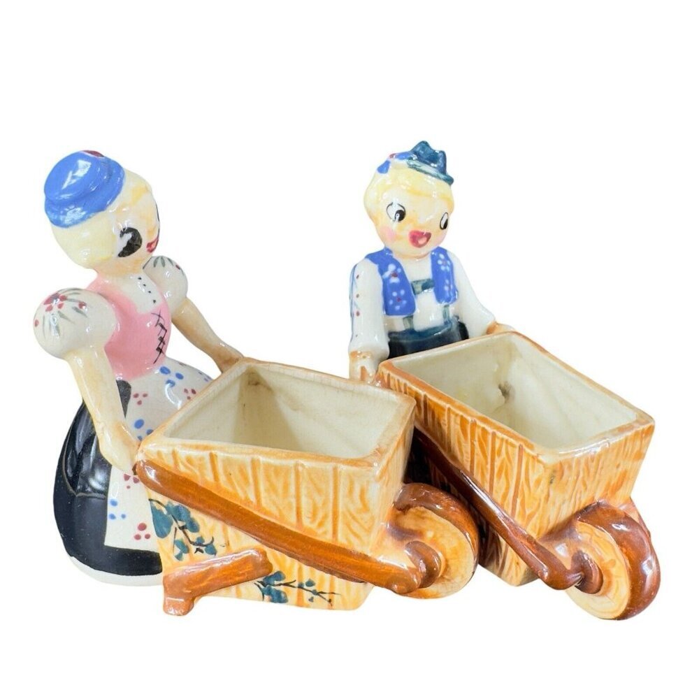 Vintage Pioneer MDSE Co Hand Painted Wheel Barrel Planter Set 2 Man Woman Japan